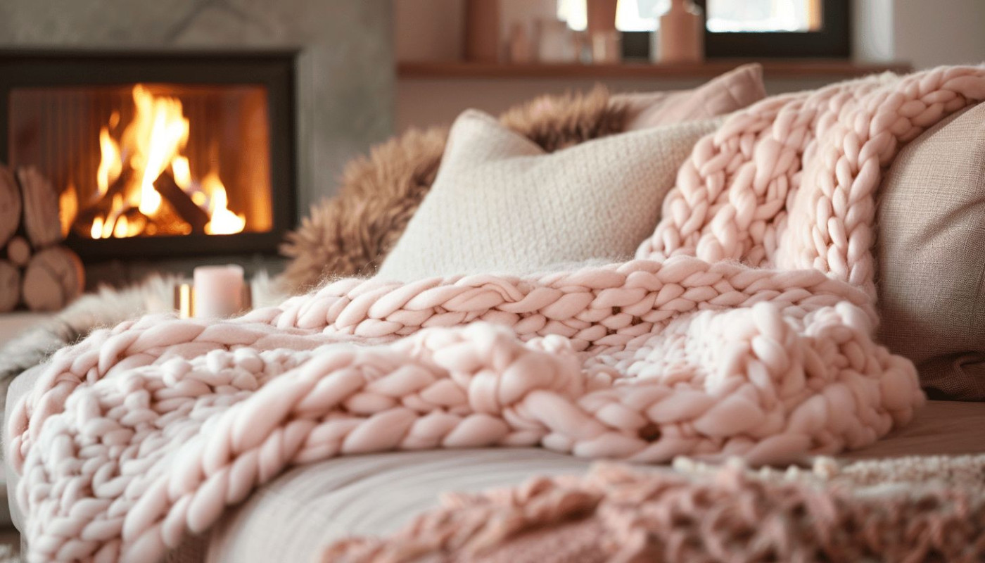 La tendance du plaid rose poudré en grosse maille, un must-have pour un intérieur cocooning